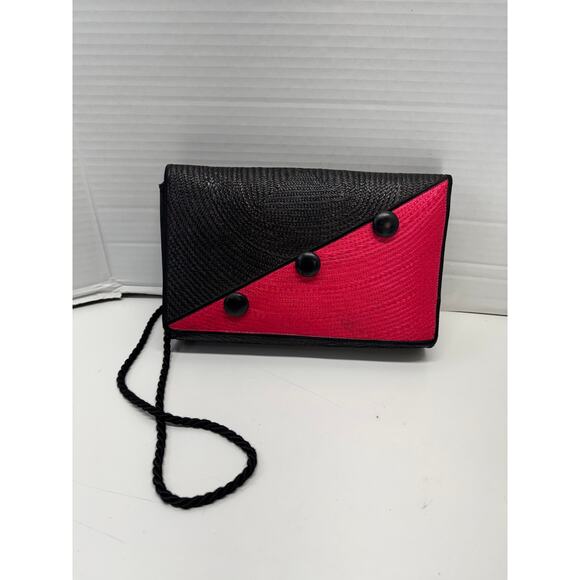 Vintage retro 80s red and black wicker straw shoulder bag - Picture 1 of 8